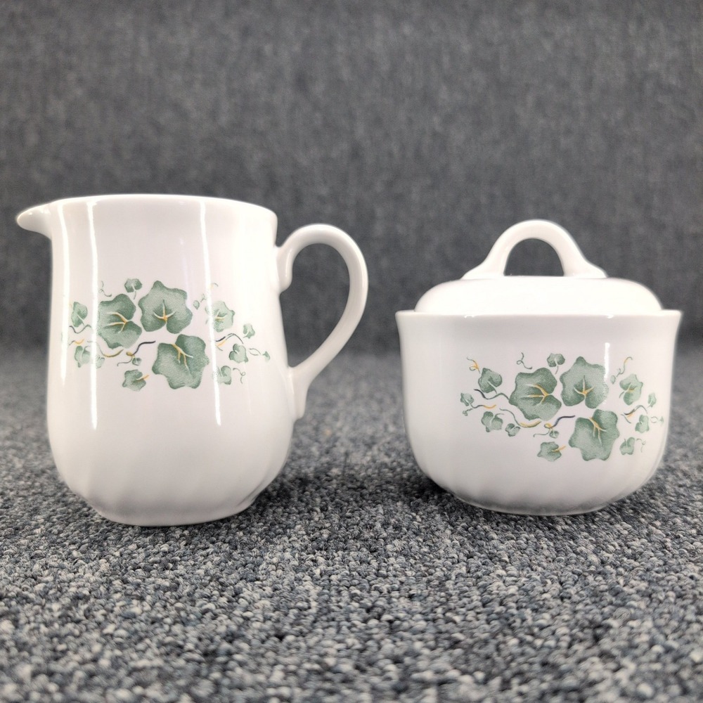 Corelle Coordinates Creamer Sugar Bowl Set White Green Ivy Pattern vtg Stoneware
